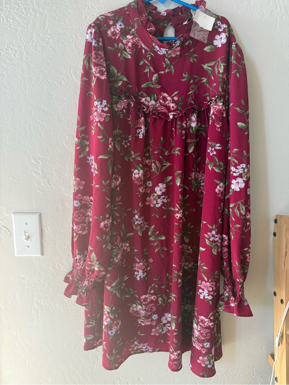 Forever 21 Girls' Burgundy Floral Long-Sleeve Dress with Pink & Green Print